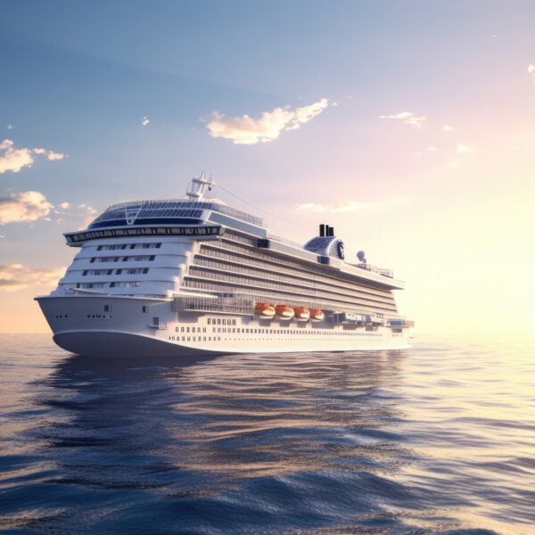 large luxurious cruise ship sailing in the sea on a sunny day.